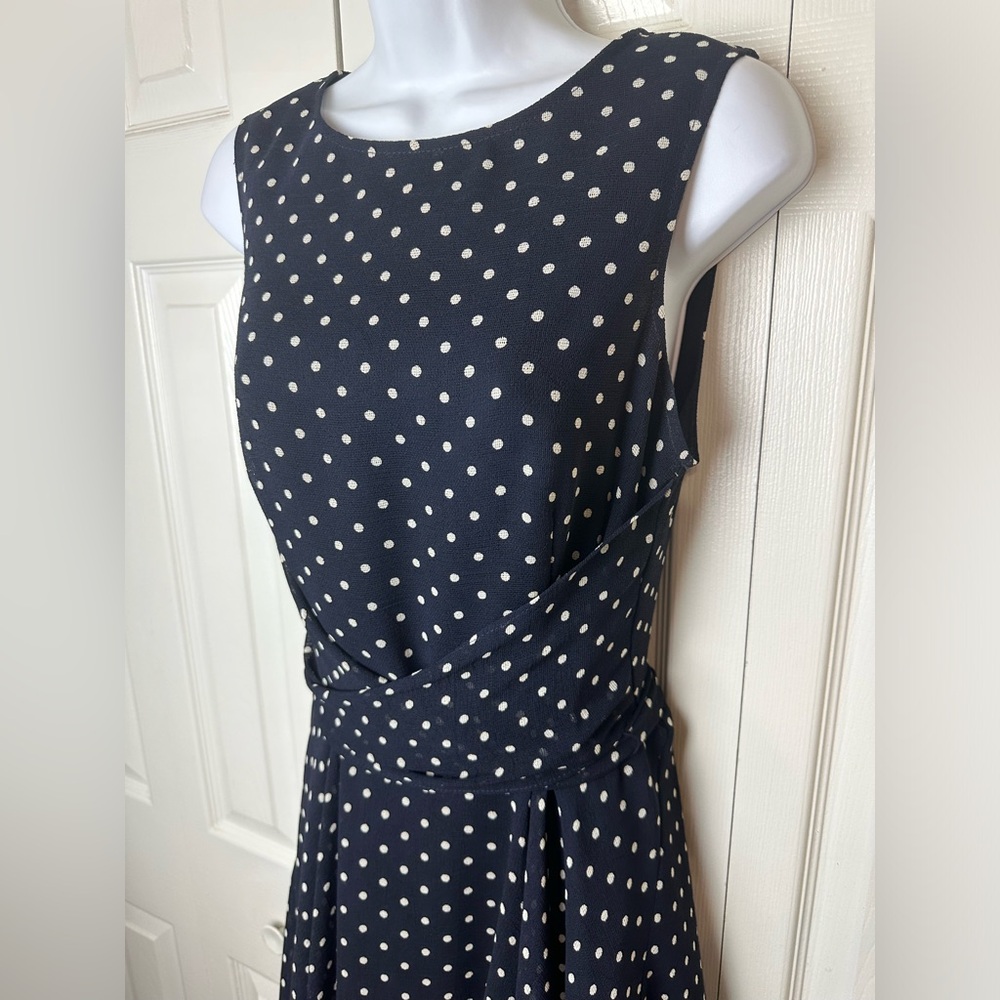JOSEPH RIBKOFF Polka Dot Dress Navy Blue White Fit & Flare Wrap Tie Bow Waist - Picture 4 of 11